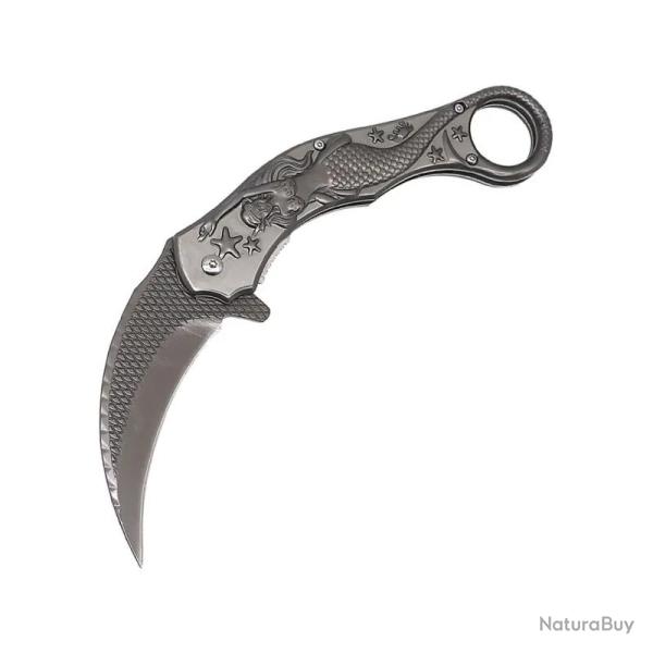 Couteau ElitEdge Mermaid Karambit A/O Lame Acier 440C Manche Inox Sculpt� Gris Linerlock EE10A120GY