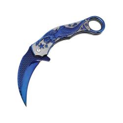 Couteau ElitEdge Mermaid Karambit A/O Lame Acier 440C Manche Inox Sculpt&eacute; Bleu/Argent Linerlock