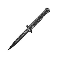 Couteau ElitEdge Stiletto A/O Lame Acier Inoxydable Manche Inox Sculpt&eacute; Noir/Argent Linerlock