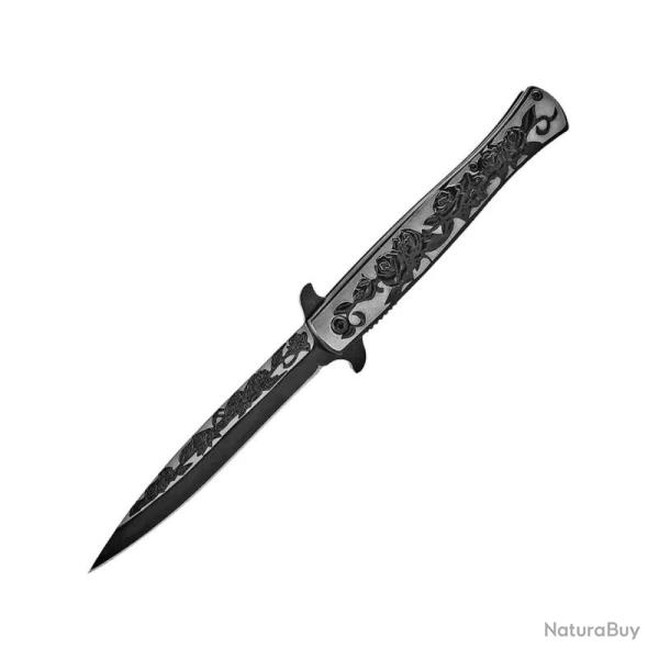 Couteau ElitEdge Stiletto A/O Lame Acier Inoxydable Manche Inox Sculpt� Noir/Argent Linerlock