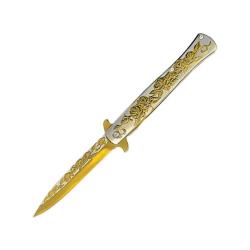 Couteau ElitEdge Stiletto A/O Lame Acier Inoxydable Manche Inox Sculpt&eacute; Or/Argent Linerlock