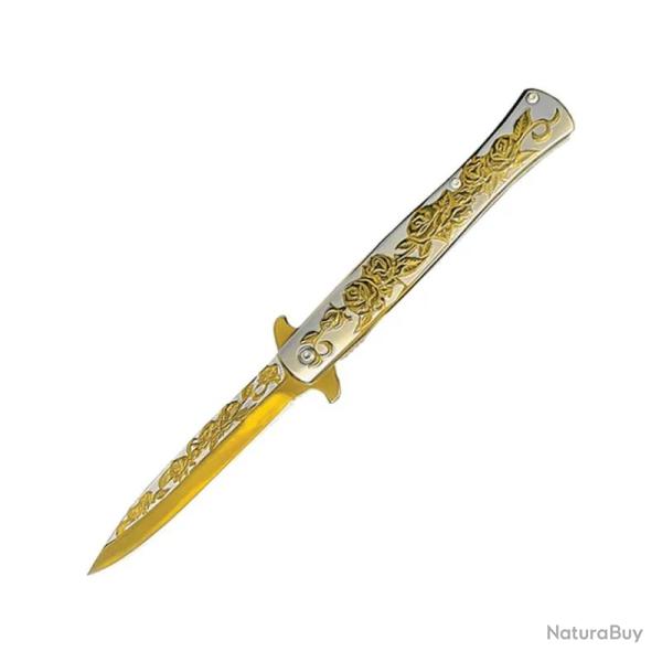 Couteau ElitEdge Stiletto A/O Lame Acier Inoxydable Manche Inox Sculpt� Or/Argent Linerlock