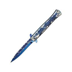 Couteau ElitEdge Stiletto A/O Lame Acier Inoxydable Manche Inox Sculpt&eacute; Bleu/Argent Linerlock