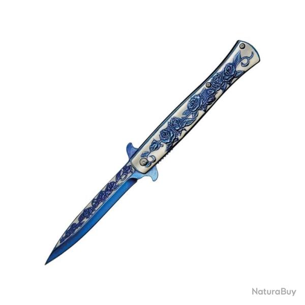 Couteau ElitEdge Stiletto A/O Lame Acier Inoxydable Manche Inox Sculpt� Bleu/Argent Linerlock
