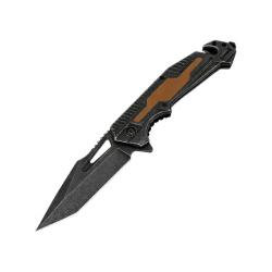 Couteau ElitEdge Rescue A/O Lame Acier 440C Manche Inox Stonewash, Insert G10 Marron Linerlock