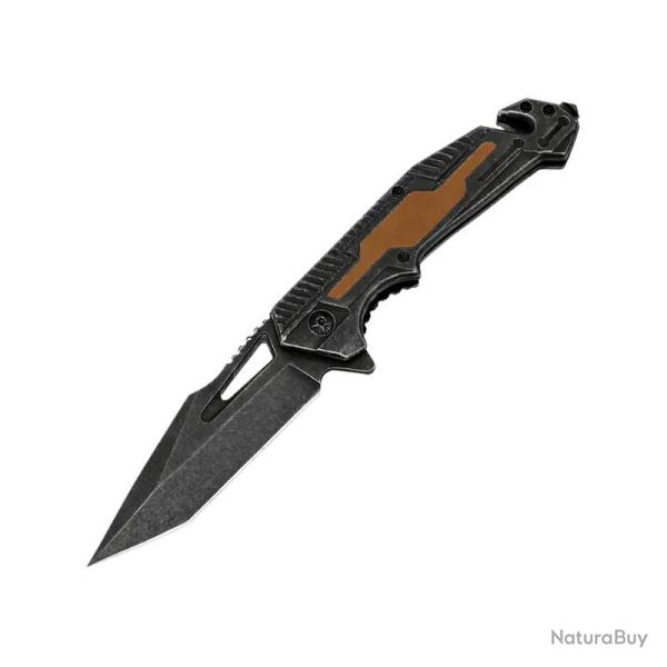 Couteau ElitEdge Rescue A/O Lame Acier 440C Manche Inox Stonewash, Insert G10 Marron Linerlock