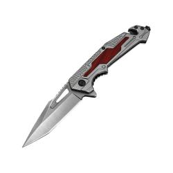 Couteau ElitEdge Rescue A/O Lame Acier 440C Manche Inox Gris, Insert Bois Marron Linerlock