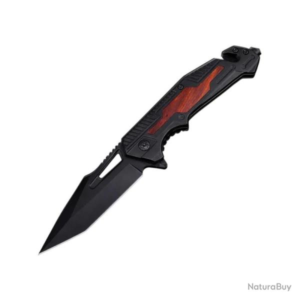 Couteau ElitEdge Rescue A/O Lame Acier 440C Manche Inox Noir, Insert Bois Marron Linerlock