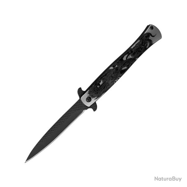 Couteau ElitEdge Stiletto A/O Lame Acier Inoxydable Manche Inox Anodis� Noir/Argent Linerlock
