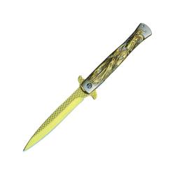 Couteau ElitEdge Stiletto A/O Lame Acier Inoxydable Manche Inox Anodis&eacute; Or/Argent Linerlock