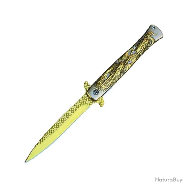 Couteau ElitEdge Stiletto A/O Lame Acier Inoxydable Manche Inox Anodis� Or/Argent Linerlock