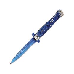 Couteau ElitEdge Stiletto A/O Lame Acier Inoxydable Manche Inox Anodis&eacute; Bleu/Satin Linerlock