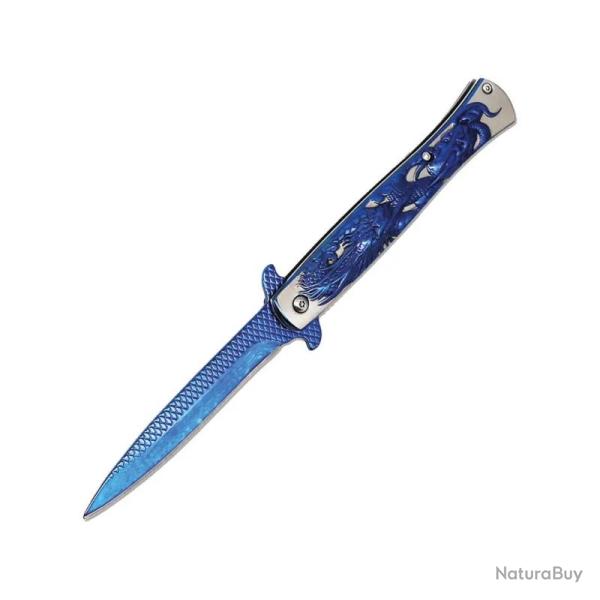 Couteau ElitEdge Stiletto A/O Lame Acier Inoxydable Manche Inox Anodis� Bleu/Satin Linerlock