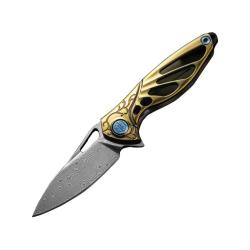 Couteau Rike Knife Mini Hummingbird Lame Acier Damas Manche Titane Or Frame Lock RKMINIGOLD