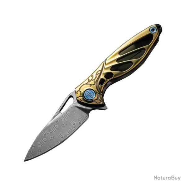 Couteau Rike Knife Mini Hummingbird Lame Acier Damas Manche Titane Or Frame Lock RKMINIGOLD
