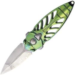 Couteau Rike Knife Mini Cicada Lame Acier Damas Manche Titane Vert Frame Lock RKMCICADAGR