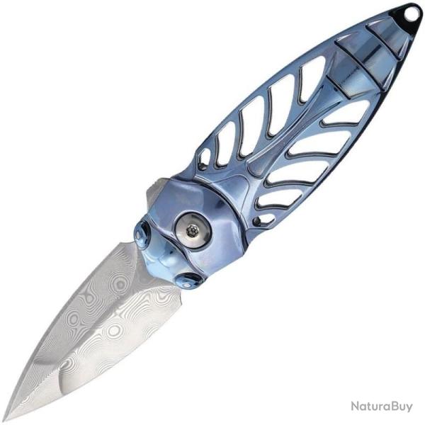 Couteau Rike Knife Mini Cicada Lame Acier Damas Manche Titane Bleu Frame Lock RKMCICADAB