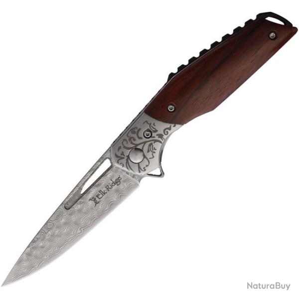 Couteau Pliant Elk Ridge Damas Lame Acier Damas Manche Bois Marron Linerlock ER2008DM