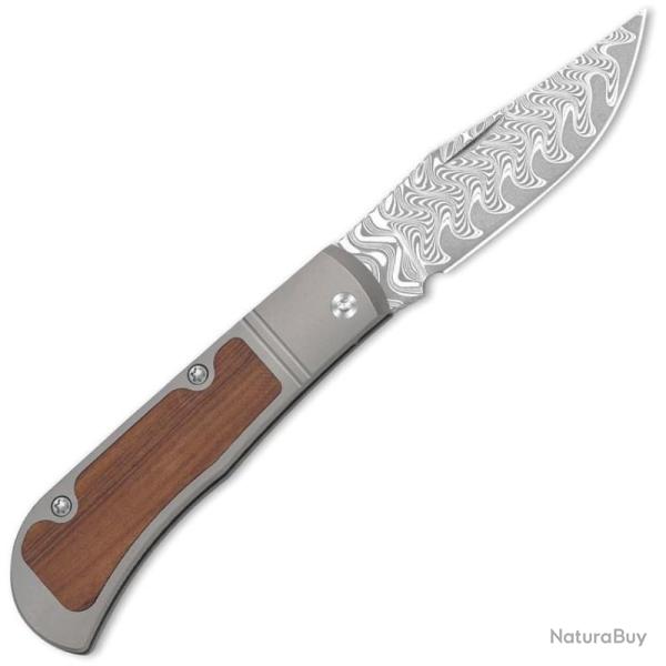Couteau Kizer Trestle Lame Damas Acid-Wash Clip Point Manche Titane/Bois Mkuruti KIV3761A2