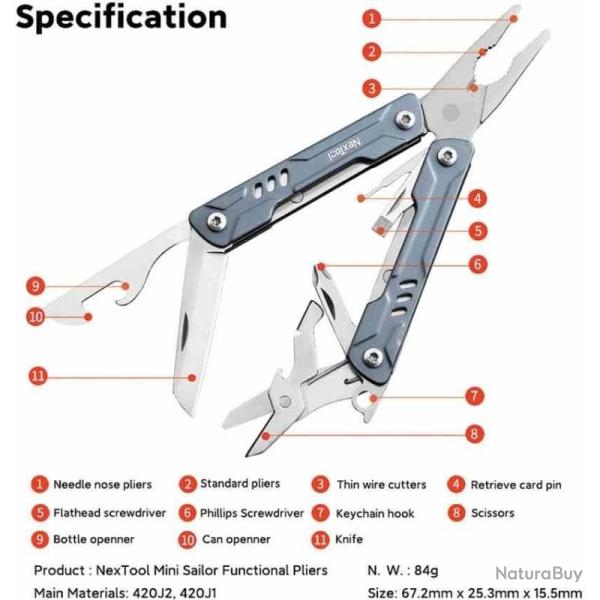 Pince Multifonction Nextool Mini Sailor Lite Lame Acier Manche Aluminium Bleu NTL20156