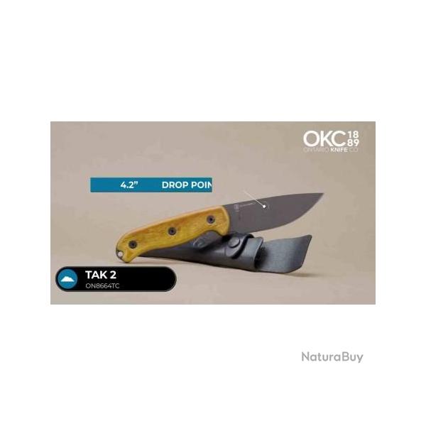 Couteau Bushcraft Ontario TAK-2 Lame Acier Carbone 1075 Manche Bois Etui Cuir Made USA ON8664TC