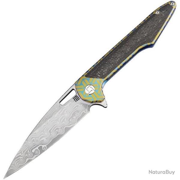 Couteau Pliant Artisan Cutlery Small Archaeo Lame Acier Damas Manche Titane Framelock ATZ1821GSDBU02
