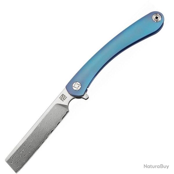 Couteau Pliant Artisan Cutlery Orthodox Blue Lame Acier Damas Manche Titane Framelock ATZ1817GDBU