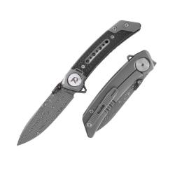 Couteau Pliant Dreamtech Lame Acier Damas Manche Titane Fibre de Carbone Framelock DTK9610TCD