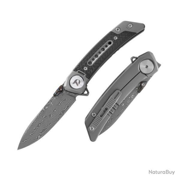 Couteau Pliant Dreamtech Lame Acier Damas Manche Titane Fibre de Carbone Framelock DTK9610TCD