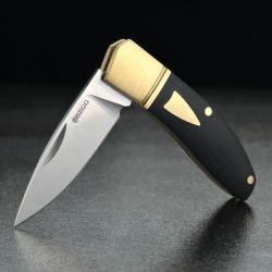 Couteau Begg Knives Mini Hunter Slip Joint Lame Acier 14C28N Manche G10 Noir Laiton BG045