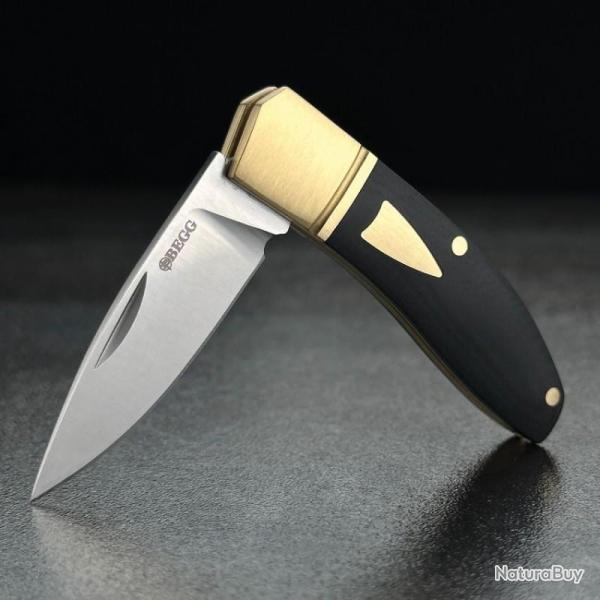 Couteau Begg Knives Mini Hunter Slip Joint Lame Acier 14C28N Manche G10 Noir Laiton BG045
