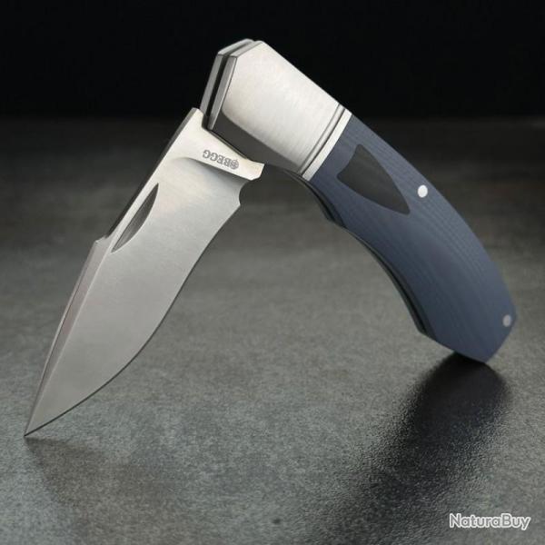 Couteau Begg Knives Recurve Slip Joint Lame Acier 14C28N Manche G10 Bleu BG039