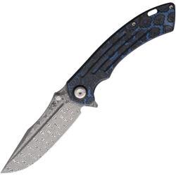 Couteau Pliant Kansept Pretatout Lame Damascus Manche Fibre Carbone Blue Rose Frame Lock K1032A4