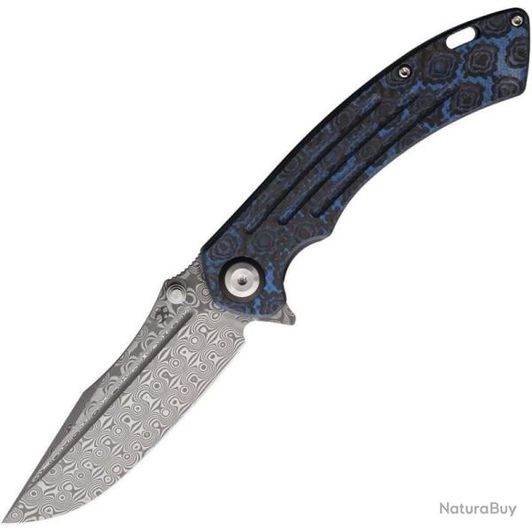 Couteau Pliant Kansept Pretatout Lame Damascus Manche Fibre Carbone Blue Rose Frame Lock K1032A4