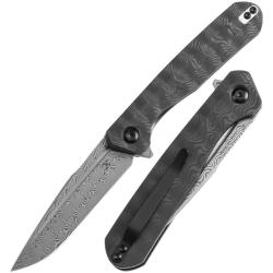 Couteau Pliant Kansept Qilin Lame Damascus Manche Fibre Carbone Black Rose Liner Lock K1047A2