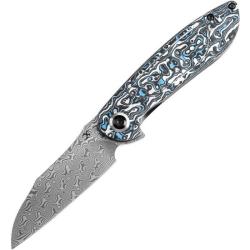 Couteau Pliant Kansept Prometheus Lame Damascus Manche Fibre Carbone Bleu Blanc Frame Lock K1040A3