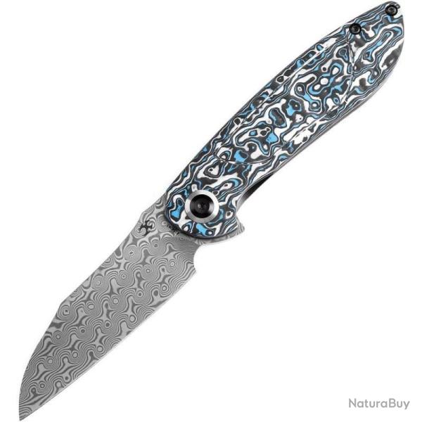 Couteau Pliant Kansept Prometheus Lame Damascus Manche Fibre Carbone Bleu Blanc Frame Lock K1040A3