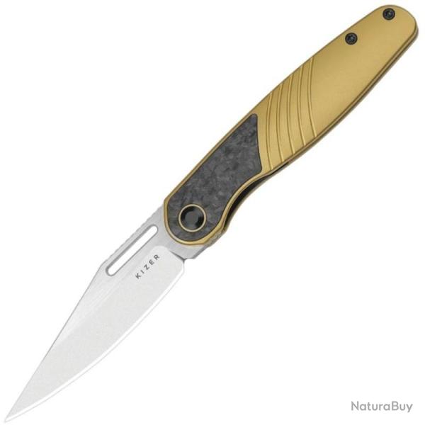 Couteau Kizer Raze Lame Acier S45VN Clip Point Manche Titane/Carbone Or Noir Frame Lock KI3720A3