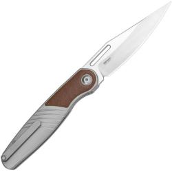 Couteau Kizer Raze Lame Acier S45VN Clip Point Manche Titane/Cuir Marron Frame Lock KI3720A2