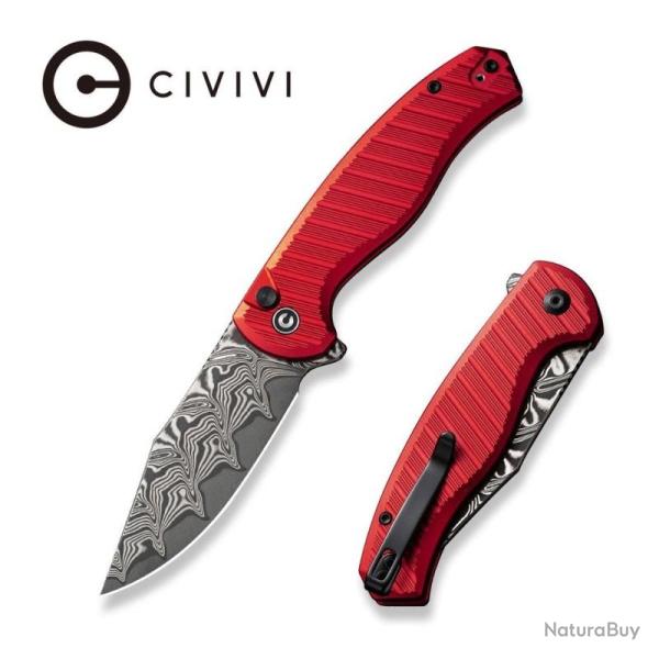 Couteau Civivi Stormhowl Lame Acier Damascus Manche Aluminium Rouge Button Lock CIVC23040BDS1