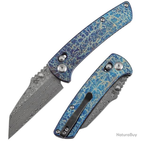 Couteau Kansept Main Street Lame Damascus Manche Titane Lightning Strike Crossbar Lock K1015V6