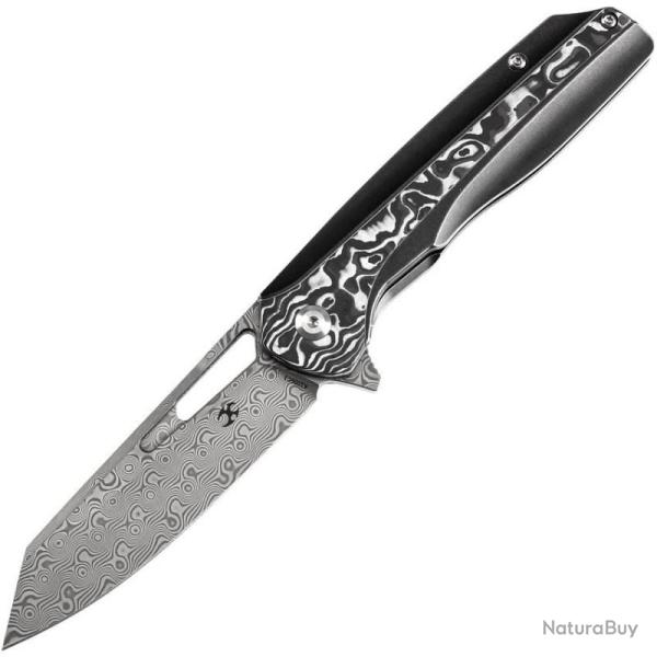 Couteau Pliant Kansept Shard Lame Damascus Manche Titane Fibre Carbone Blanche Frame Lock K1006C3