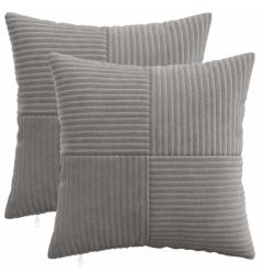 Housses coussin velours c&ocirc;tel&eacute; gris clair 45x45 cm fermeture &eacute;clair lot 2