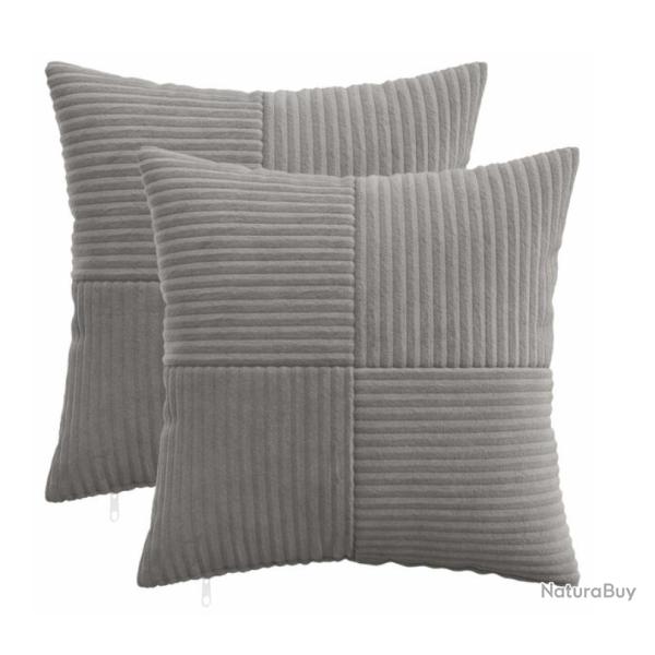 Housses coussin velours c�tel� gris clair 45x45 cm fermeture �clair lot 2