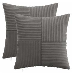 Housses coussin velours c&ocirc;tel&eacute; gris fonc&eacute; 45x45 cm fermeture &eacute;clair lot 2