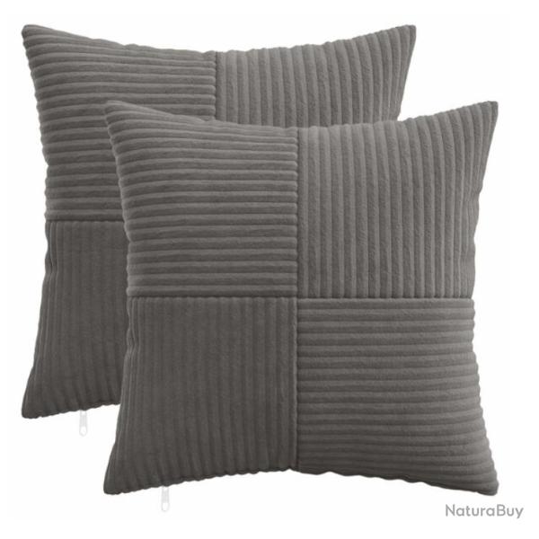Housses coussin velours c�tel� gris fonc� 45x45 cm fermeture �clair lot 2