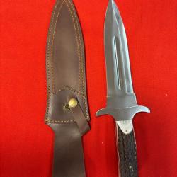 Dague de chasse lame fixe inox 20 cm - manche bois de cerf - &eacute;tui cuir destockage armurerie