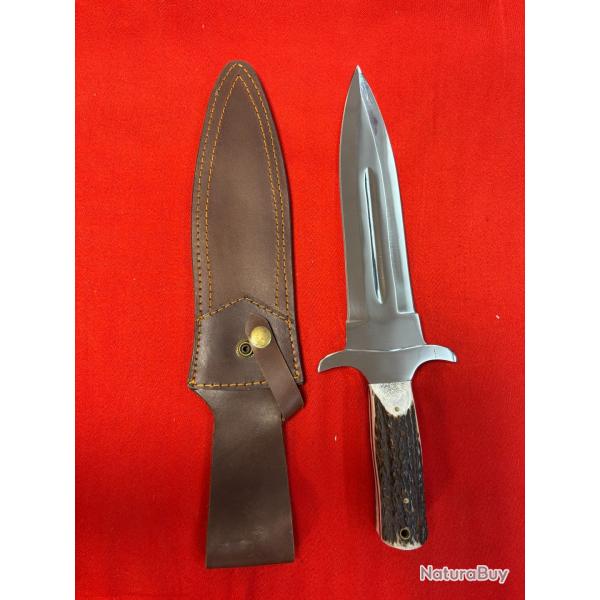 Dague de chasse lame fixe inox 20 cm - manche bois de cerf - �tui cuir destockage armurerie