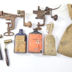 Lot ancien mat&eacute;riel de rechargement cartouches de chasse &agrave; broche. Manufrance , dosette sertisseur