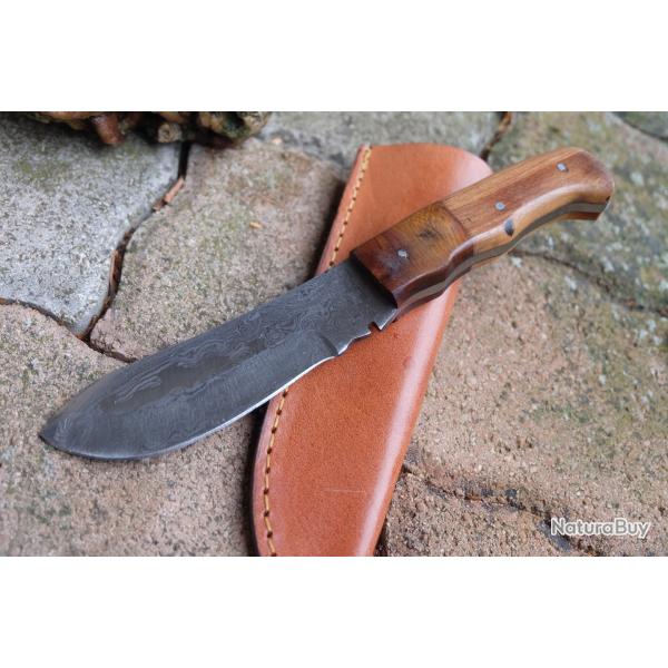 Couteau Bowie Lame Nessmuk Acier Damas 256 Couches Manche 2 Bois Etui Cuir Fabr Artisanale
